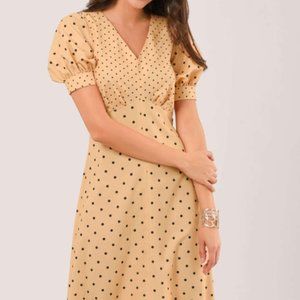 NWT - APRICOT POLKA DOT PUFF SLEEVE V-NECK MIDI DRESS